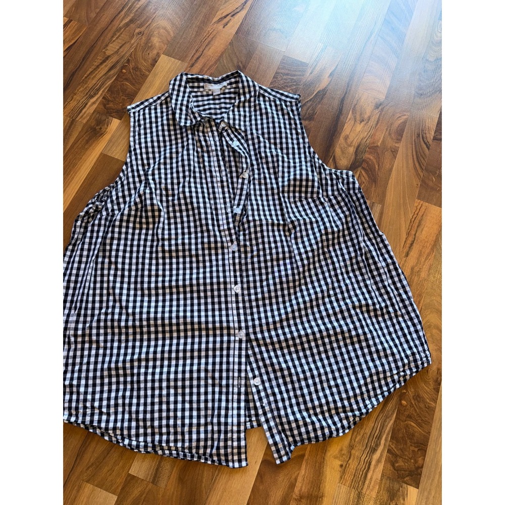 Woman Within Sleeveless Shirt Women 1X Black White Gingham Cotton picnic cottage